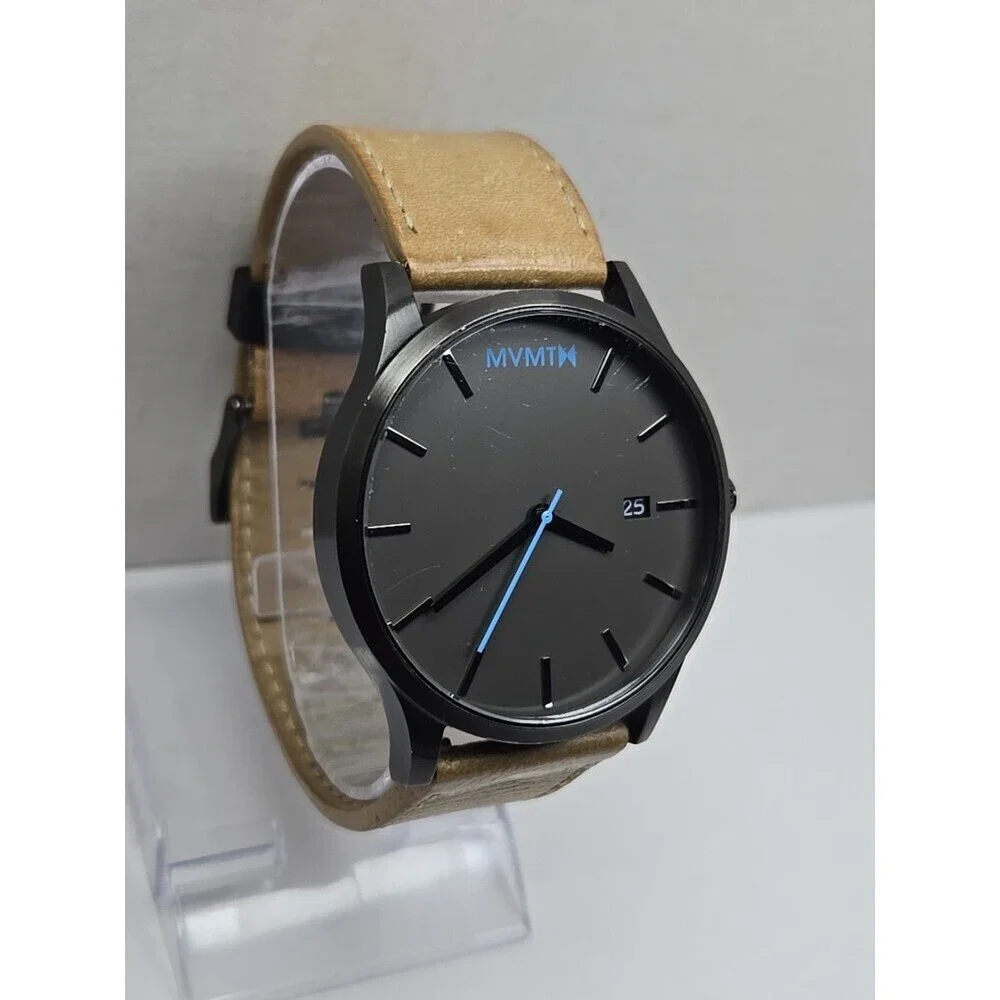 MVMT Classic Watch Gray Dial Tan Leather Date Quartz New Battery 45mm Mens